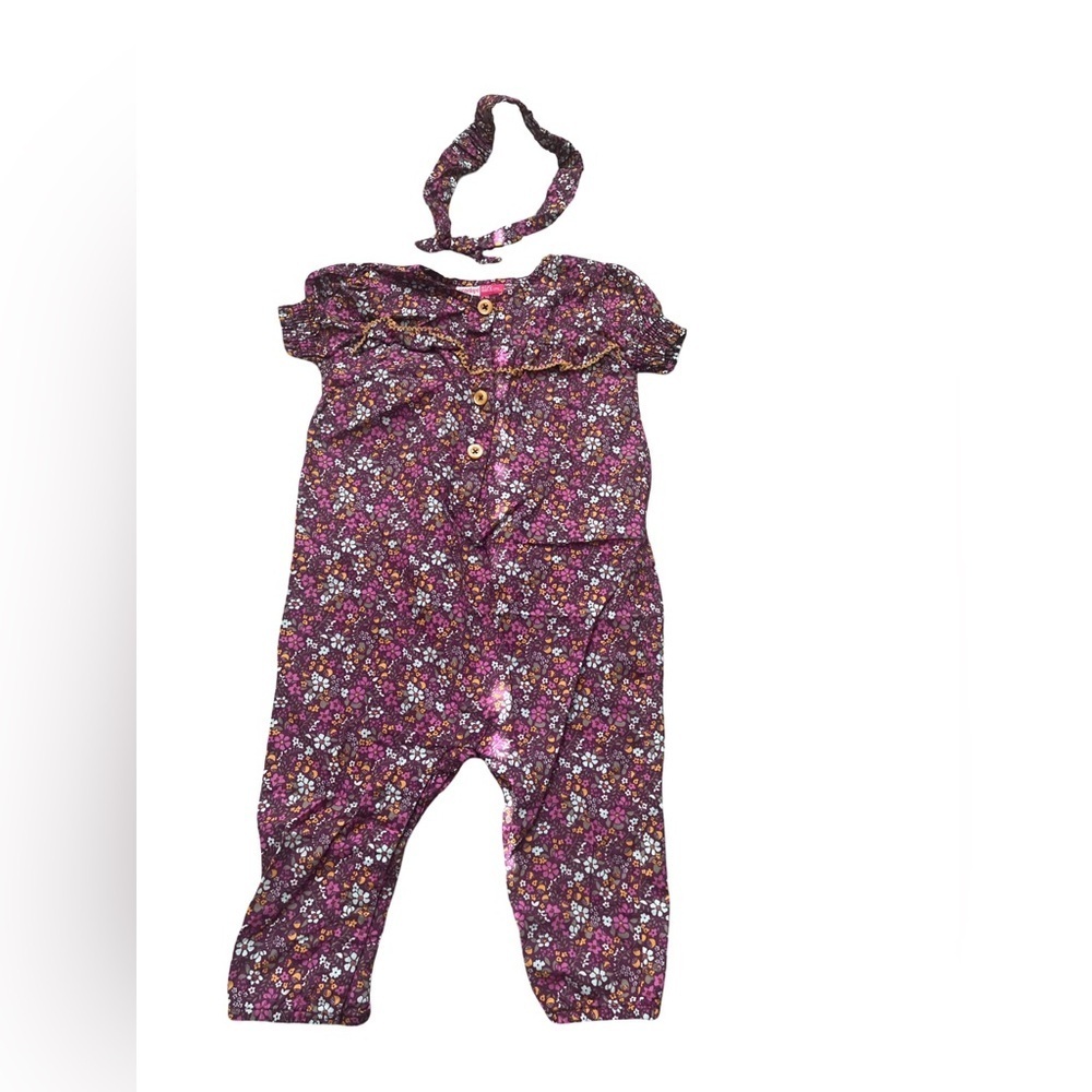 Penelope Mack Girl’s Floral Purple Jumpsuit with headband. Size: 12M. Good Cond.